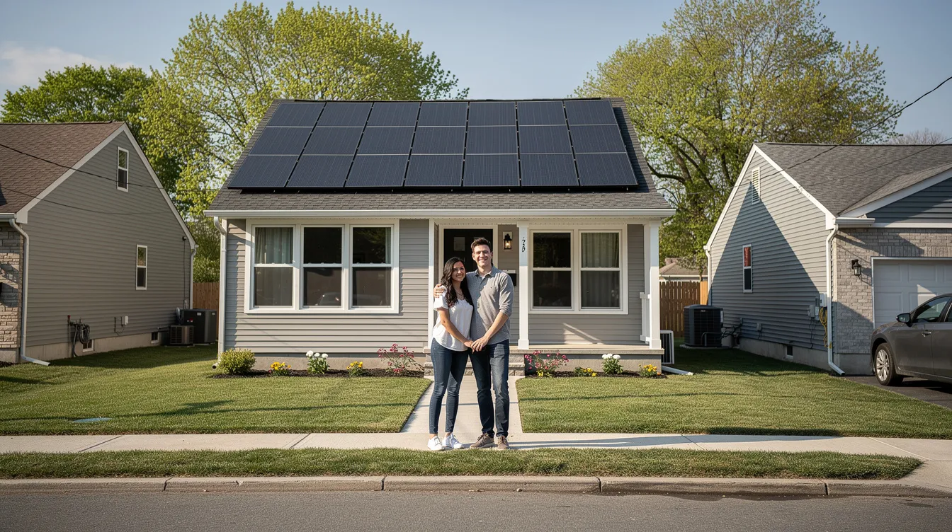 6ff99a6a95324f79ad342b9e1a6e572a A young couple stands outside a small modern house equipped with solar panels in a suburban New Jersey setting This tiny home reflects the growing trend of tiny living which is influenced by local zoning laws and building codes in the area