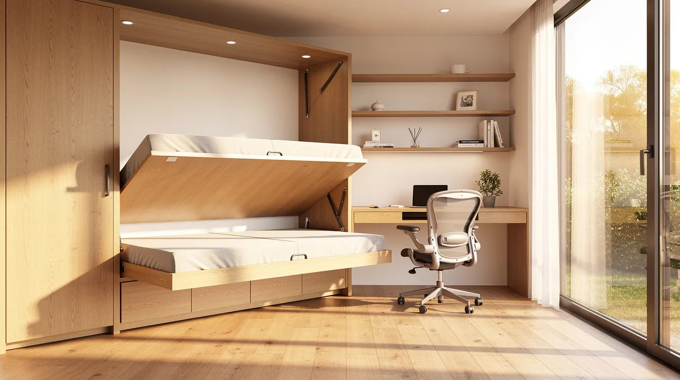 7029690b1c434d85a4d65ea6e97a7d42 The image showcases the interior of a tiny home featuring a transformable wall bed system that reveals a compact desk complemented by warm wood finishes and large windows that flood the space with sunlight This design exemplifies the tiny house movement emphasizing sustainable living and the versatility of small spaces
