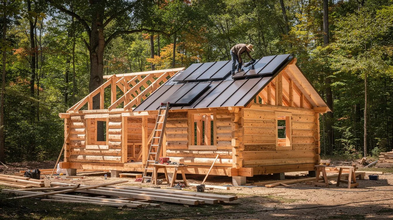 70ee2c8904654d898921ed62fa2ba033 An Amish style timber cabin is under construction in a wooded clearing showcasing exposed log framing and a steel roof being installed This structure represents the quality craftsmanship typical of Amish built cabins in southern Michigan offering a perfect blend of durability and customizable options for outdoor living spaces