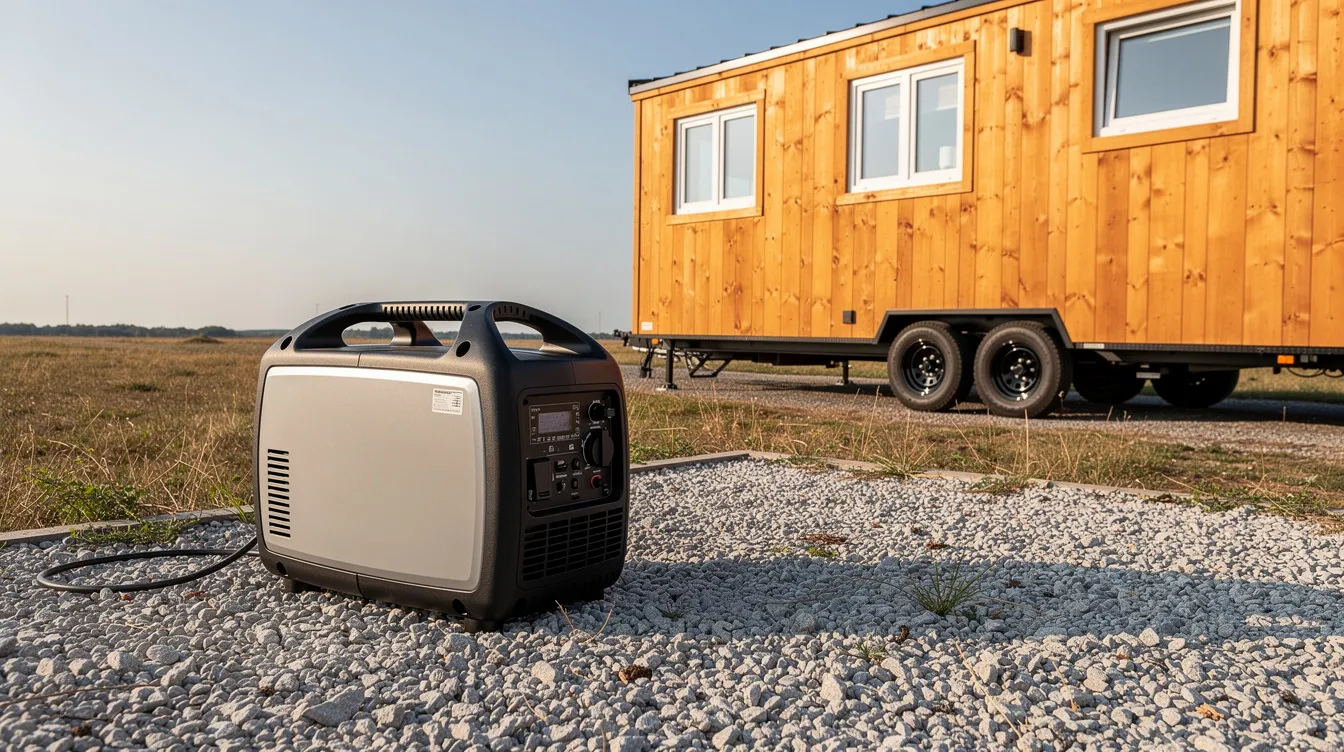 7164f9163ec8405c94e478d38ec7c8a0 A small portable inverter generator is positioned on gravel beside a wooden tiny house on wheels showcasing a practical power solution for off grid living This generator offers reliable power for essential appliances making it an ideal backup power source for tiny homes