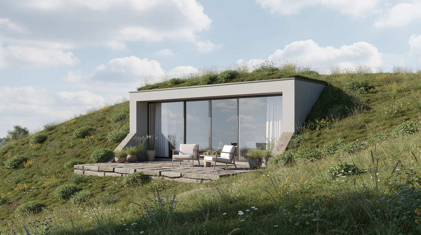 71a3016f2372459a89ce5fc7ddaddca7 The image depicts a sustainable earth sheltered home designed with large south facing glass windows nestled into a grassy hillside under a partly cloudy sky This earthship community exemplifies the use of natural and repurposed materials showcasing the concept of radically sustainable living through features like solar heating and thermal mass