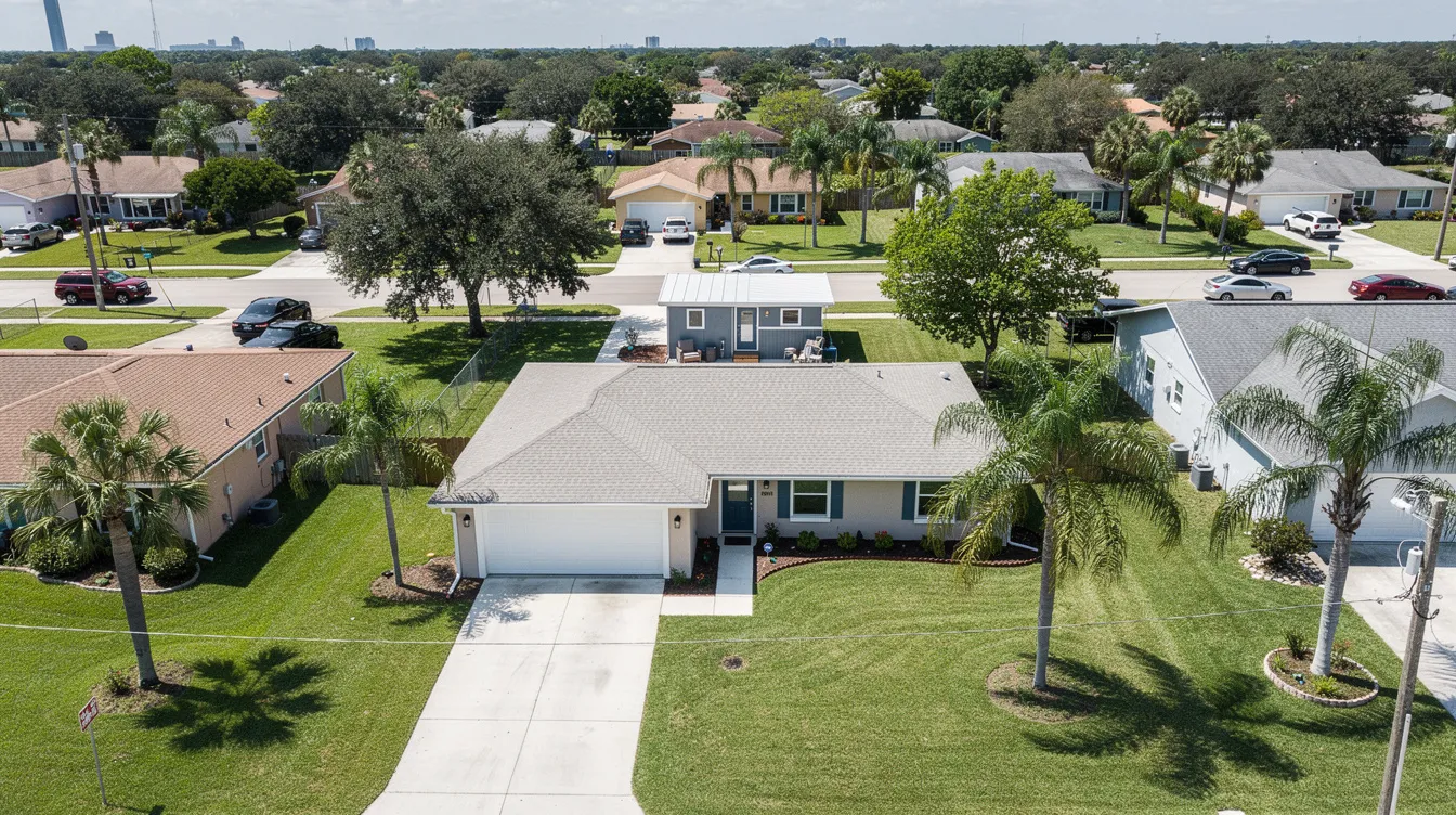 73e4429b60e844e28890da11b86c7cc0 An aerial view of a residential neighborhood in Orlando showcases a main house with a cozy accessory dwelling unit ADU nestled in the backyard reflecting the growing trend of tiny living and the tiny house movement This image highlights the potential for affordable housing solutions and flexible living arrangements in Florida emphasizing the benefits of custom built tiny homes