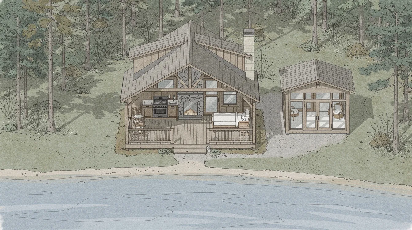 748c01f64c454939af26c430c2d9b929 The image showcases a top down view of rustic cottage plans featuring cozy cabin designs with steep gables dormers and spacious covered porches The layout highlights natural materials and expansive windows creating a warm and inviting living space ideal for a weekend getaway or a picturesque retreat
