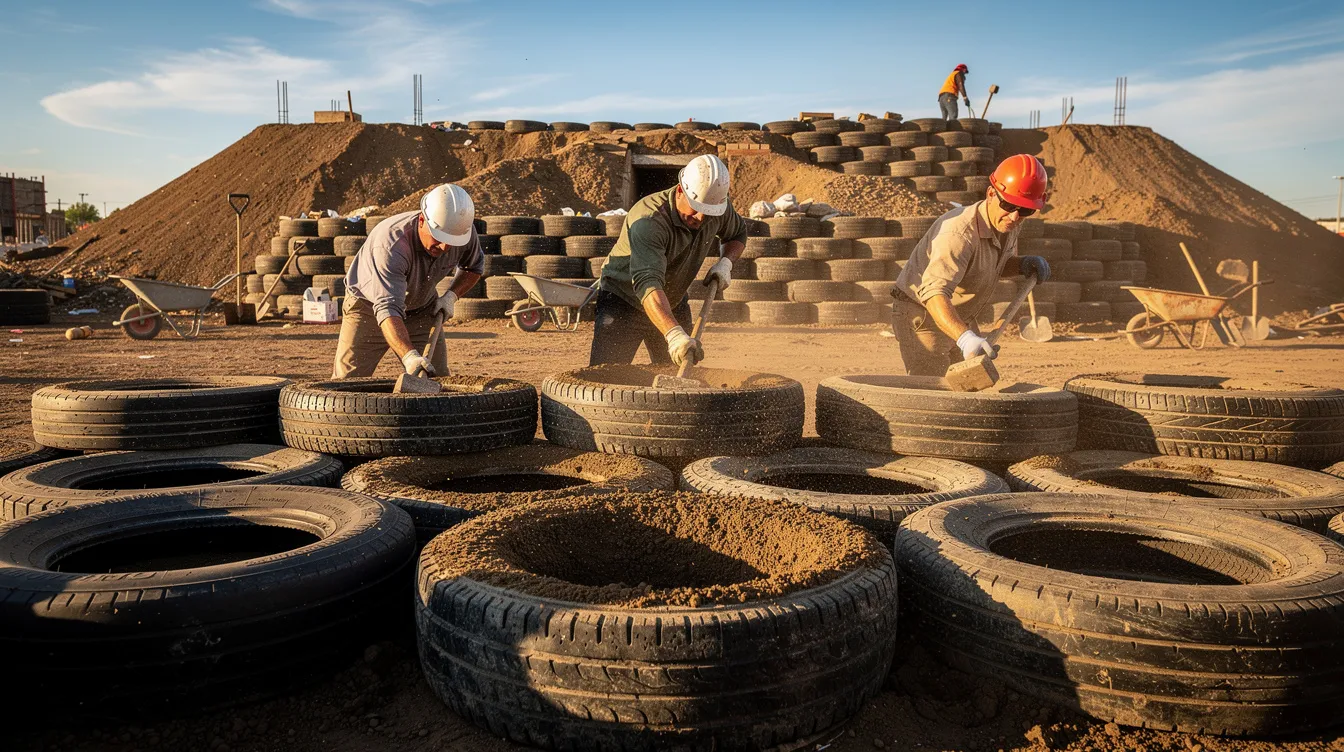 7497cda6e012464497cad160893743ed On a sunny construction site in Florida workers are laboriously filling old automobile tires with compacted earth using sledgehammers contributing to the creation of an earthship structure made from recycled materials This alternative building project emphasizes sustainable methods and aims to provide modern amenities while minimizing reliance on fossil fuels