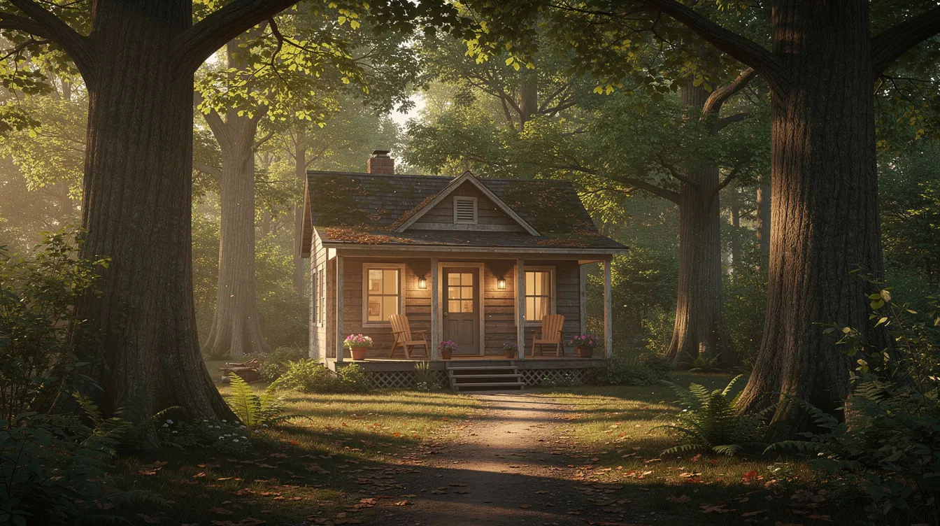 755f7449399c4d74b81ec069c6eafd04 The image depicts a cozy small cottage with a welcoming front porch nestled among mature trees that provide a serene outdoor living space This charming tiny house design highlights the beauty of intentional living in a compact and efficient layout