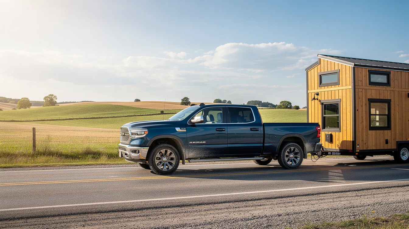 762ac1d99ed343aeb9591493dc6cbafe A side profile of a large pickup truck towing a gooseneck tiny house along a rural highway with rolling hills in the background The gooseneck tiny home features a stylish design and ample counter space showcasing the practical and functional living space that tiny house nation enthusiasts admire