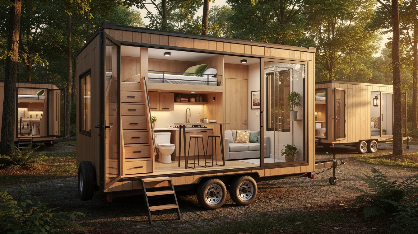 7663c7d4377e452e8a90892fc1c70a42 The image depicts a cozy tiny house studio showcasing its compact layout of 150220 sq ft designed for individuals or couples Inside you can see a loft sleeping area a kitchenette with a sink and cooktop and a full bathroom with a shower all emphasizing the space saving features and comforts of this perfect tiny home ideal for vacation rentals or weekend getaways