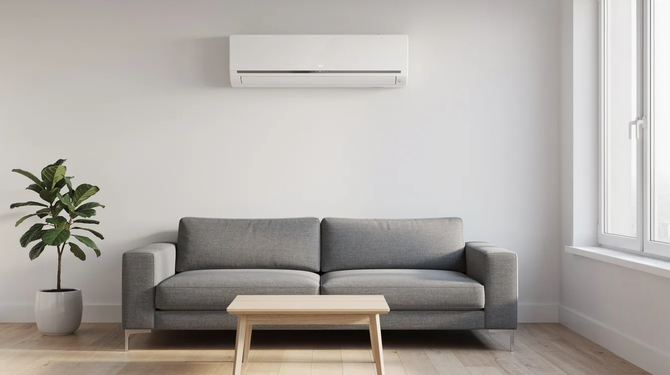 76a189aa8759434289375e5b5b51948b The image shows a sleek wall mounted mini split air handler installed high on a white wall in a compact modern living room providing an energy efficient cooling system ideal for tiny home living This ductless mini split system enhances air circulation while maximizing floor space in the cozy environment