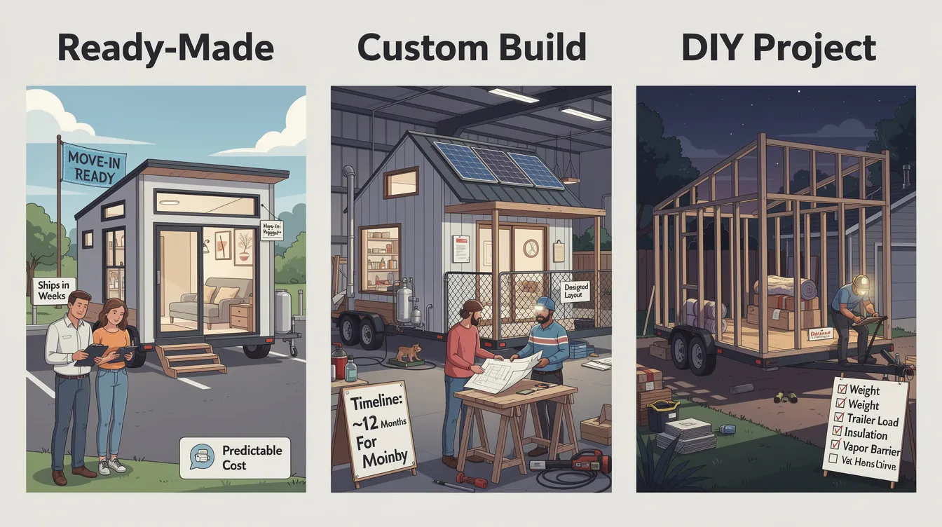7787bfa8887346ec9dca35e34b515070 The image illustrates the various options for acquiring a tiny house showcasing a ready made unit alongside a custom built tiny home emphasizing the unique features and flexibility of both choices It highlights the contrast between the immediacy of move in ready homes and the personalized design possibilities of custom builds reflecting the growing tiny house movement aimed at affordable housing solutions
