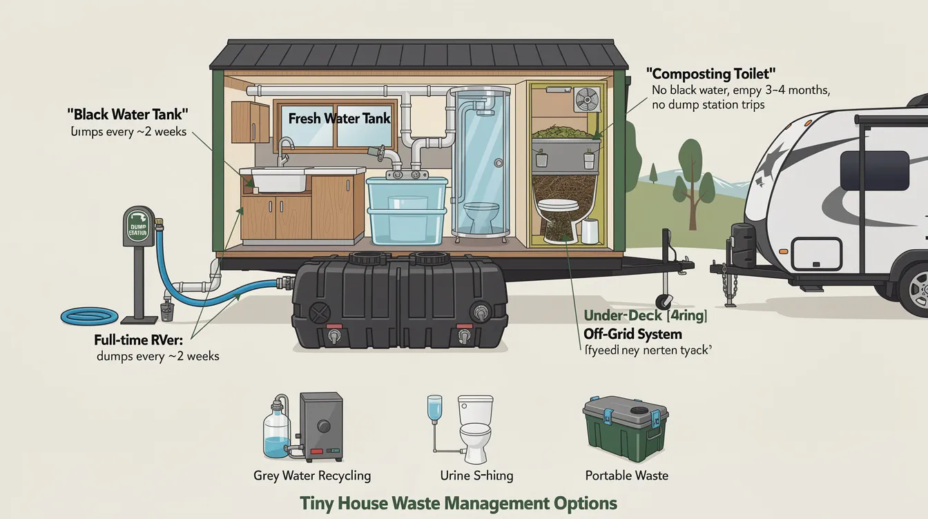 77f485bf54894ebbb00d9f47b1c6b992 The image showcases various black water tanks designed for tiny houses featuring robust plastic construction with vents and dump valves for efficient waste management Additionally it highlights the use of composting toilets as a sustainable alternative eliminating black water entirely and promoting off grid living with effective plumbing systems