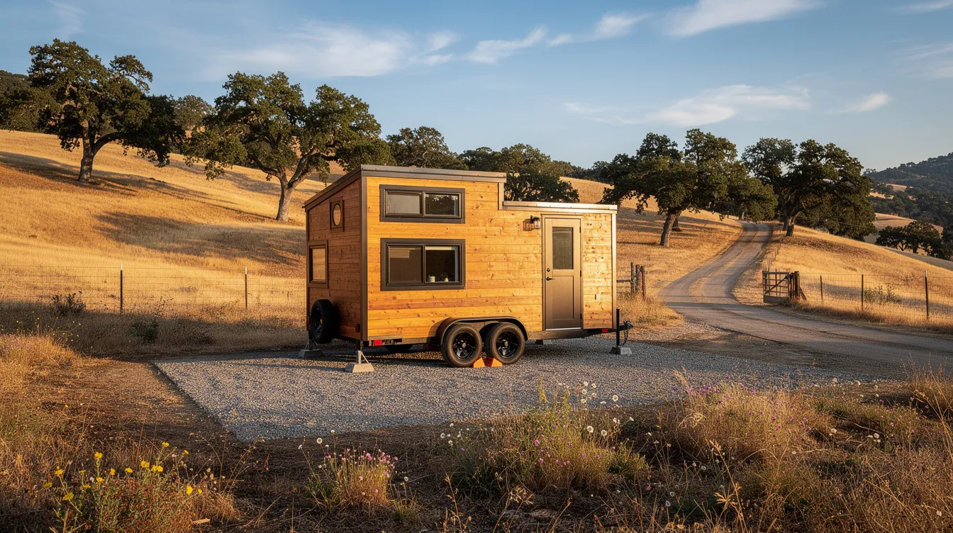 7834cb75eb3d44799f7b4256dd6307e1 A tiny home on wheels is parked on a gravel pad surrounded by oak trees in a rural California landscape showcasing the charm of the tiny house movement This moveable tiny house exemplifies the appeal of energy efficient housing and the potential for living in harmony with nature while adhering to local building codes and regulations