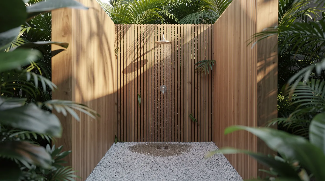 7abc8371703347ed9ea6777f9670f3de An outdoor shower is enclosed by a wooden privacy screen and surrounded by lush green plants featuring a gravel floor and a simple overhead shower head This functional shower area is a perfect example of tiny house bathroom design bringing nature into your bathing experience