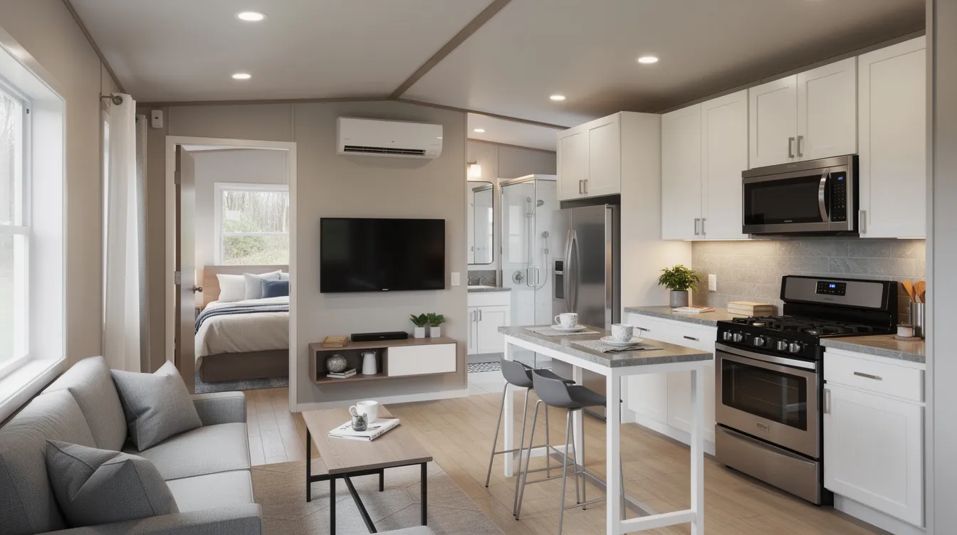 7c87a6a6ac33400682d004fa5e45b134 The image depicts a cozy one bedroom portable house showcasing a well designed layout that includes a separate sleeping area a living space and a full kitchen with modern amenities This tiny home perfect for couples or small families emphasizes comfort and convenience making it an ideal choice for vacation rentals or weekend getaways surrounded by natural beauty