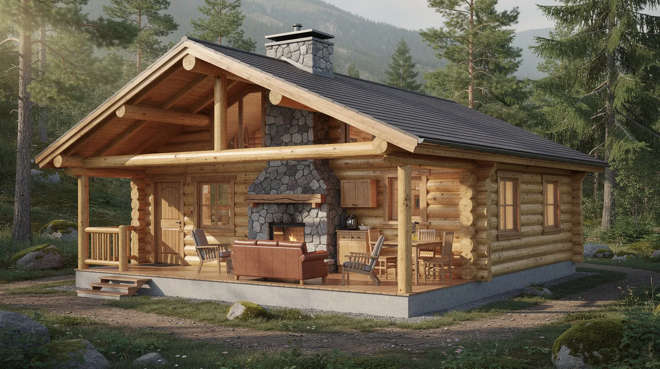 7d3db91be19c4cf0a4e06ad3c50850cd The image showcases a cozy log cabin featuring rustic charm with exposed beams and a stone fireplace as a central design element This small log cabin plan includes flexible layouts with two bedrooms expansive windows allowing natural light and a welcoming front porch making it an ideal weekend getaway in a natural setting