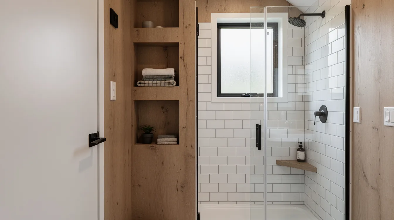 808b051207904e3a9e6a0158b096962d The image features a compact tiny house bathroom showcasing a functional shower area with a frameless glass door and stylish tile design The space is optimized for tiny house living incorporating wall mounted storage and natural light to enhance the overall aesthetic