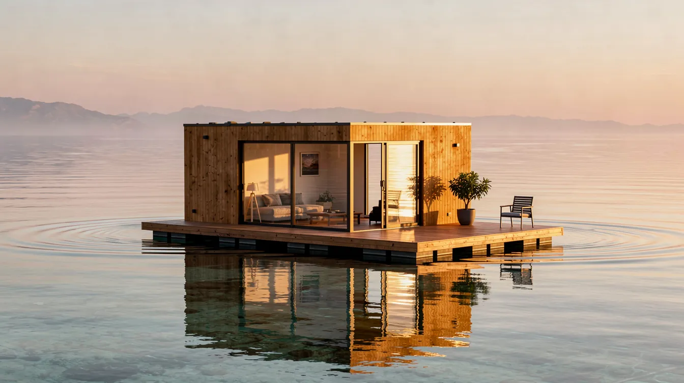 81124808a5d04182b55f1185ffdb9ee9 The image depicts a cozy tiny house on water elegantly perched on a floating platform showcasing a modern design with large windows and a small deck This floating tiny home exemplifies a unique lifestyle allowing people to enjoy life on the water while embracing the concept of minimalistic living