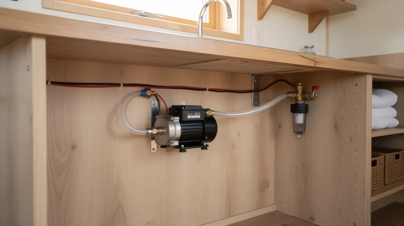82c34bba7734411b83e71c6dd14cf24a The image shows a compact 12V diaphragm water pump installed beneath a wooden countertop in a tiny house interior designed to efficiently pump water for various household needs like washing dishes and supplying a composting toilet The setup highlights the integration of essential plumbing elements in a small space ensuring reliable water pressure and flow for off grid living