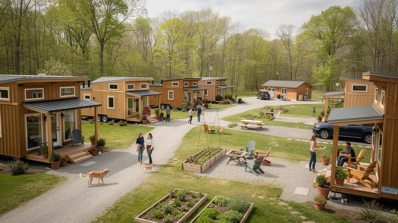 The image depicts a serene tiny house community in Connecticut showcasing several tiny homes nestled among green landscapes highlighting the appeal of tiny living Residents enjoy a sense of community while adhering to local zoning laws and building regulations making tiny house living an affordable alternative to traditional housing