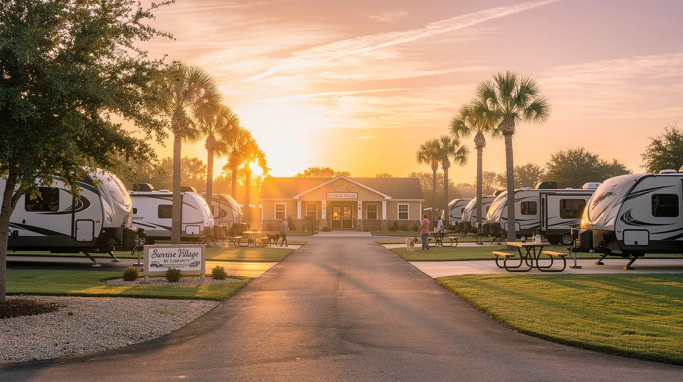 The image depicts the Sunrise Village RV Community in Connecticut, showcasing a variety of tiny homes and park models nestled among green spaces. Residents enjoy a sense of community in this affordable living environment, designed for energy efficiency and comfort.