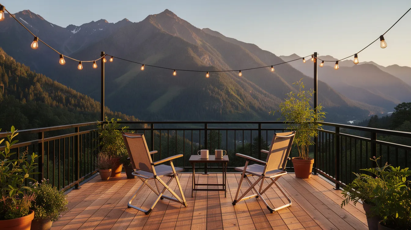 853e3ad26418484f97afcd601a12e574 The image depicts a rooftop deck on a stylish gooseneck tiny house featuring two folding chairs set against a backdrop of stunning mountain views illuminated by string lights that add a cozy ambiance This outdoor space exemplifies the charm of tiny living offering a perfect spot for relaxation and enjoying nature