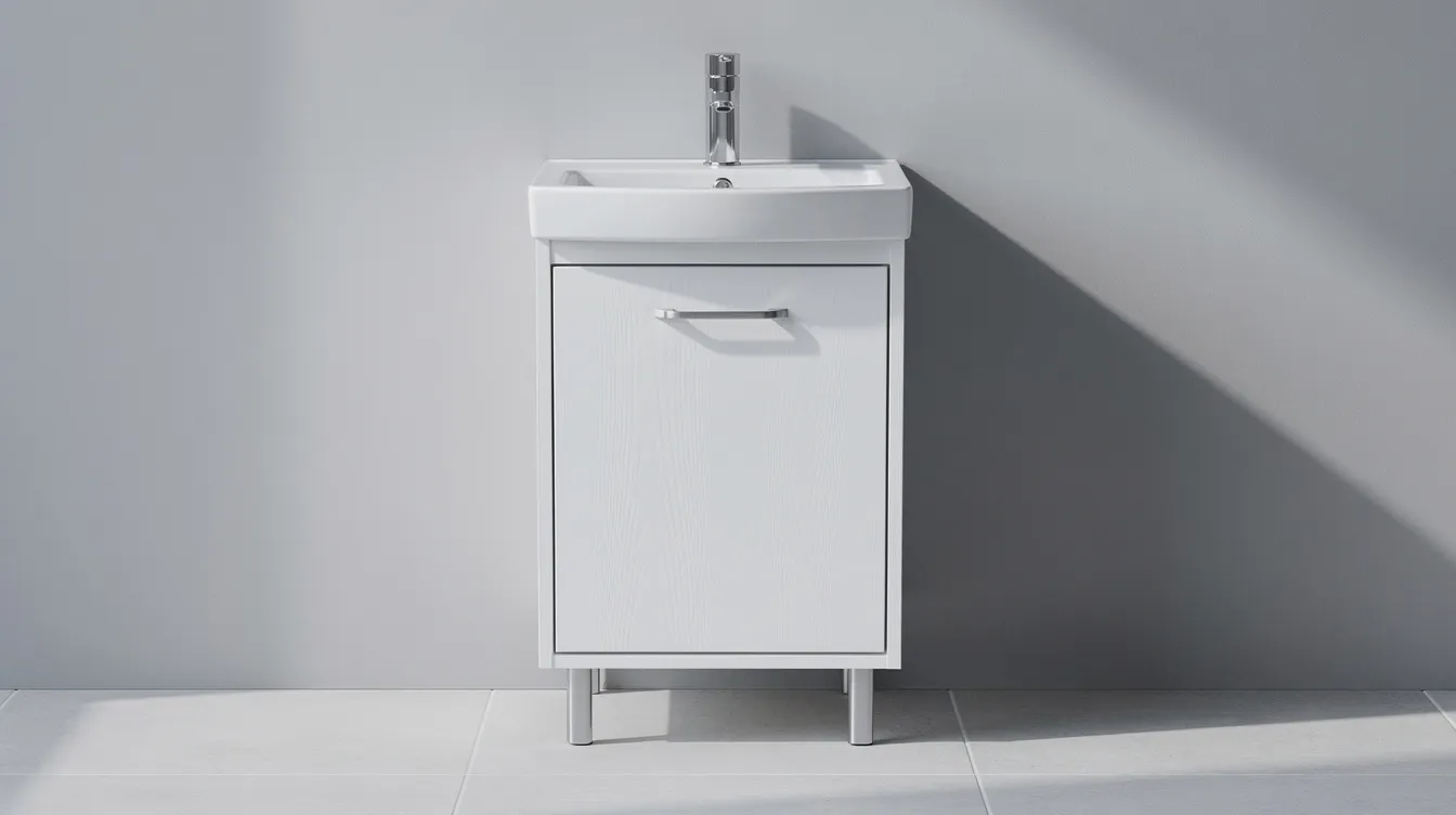 85994cefcbe7431ca494b7aa545464dc The image features a small bathroom sink cabinet designed to fit perfectly in compact spaces This white vanity cabinet includes a sink faucet and storage options like drawers and doors making it a practical addition to any small bathroom or basement bathroom