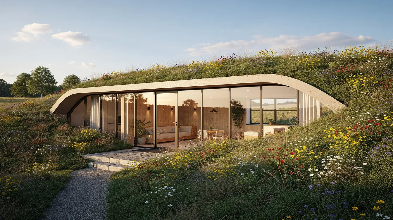 86076753dafc403bbe5828fca75e67e8 The image depicts a modern earth sheltered home seamlessly integrated into a grassy hillside featuring a south facing glass facade that allows natural light to flood the interior The green roof adorned with vibrant wildflowers enhances the home's energy efficiency and connection to the natural environment.