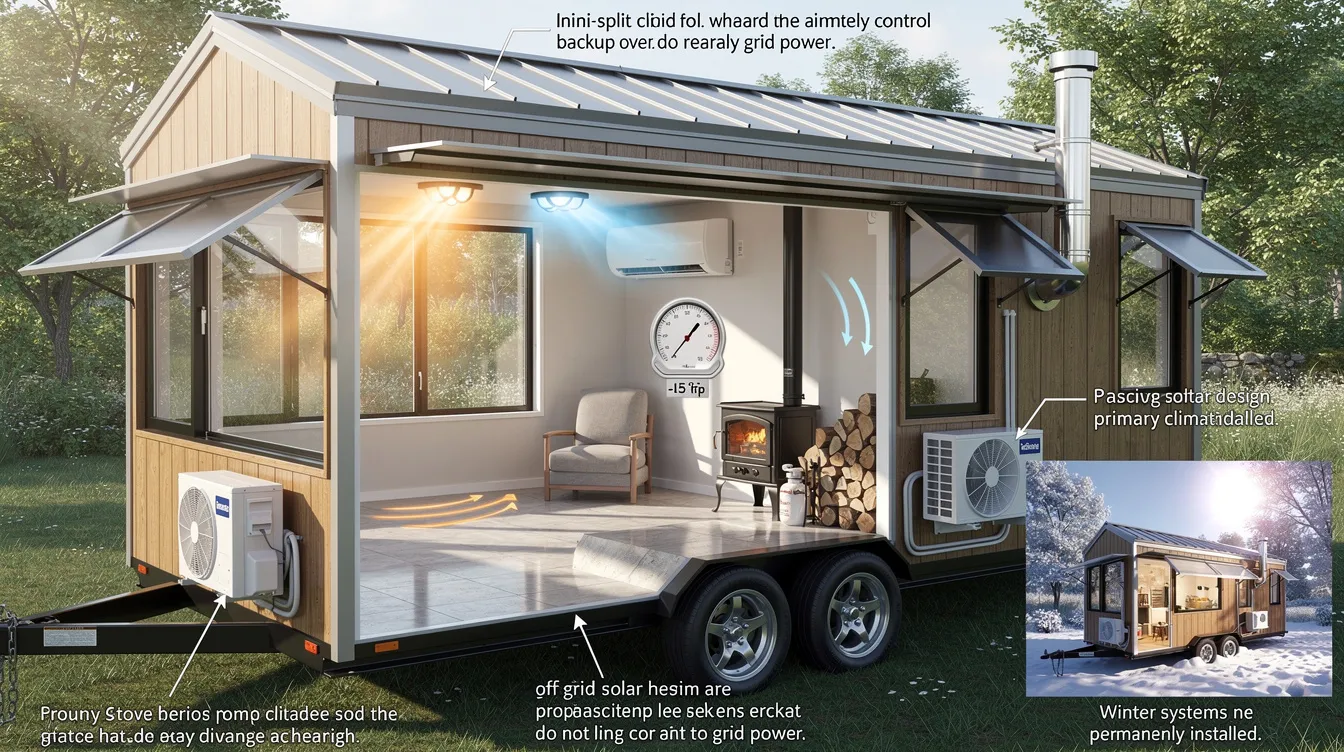 860e301958484a7f9c2410110e69b8be The image depicts a compact climate control system specifically a mini split heat pump installed in the interior of a four season tiny house showcasing the efficient heating and cooling capabilities essential for full time living The setup highlights the modern design and quality craftsmanship typical of tiny homes ensuring comfort and functionality in a small living space