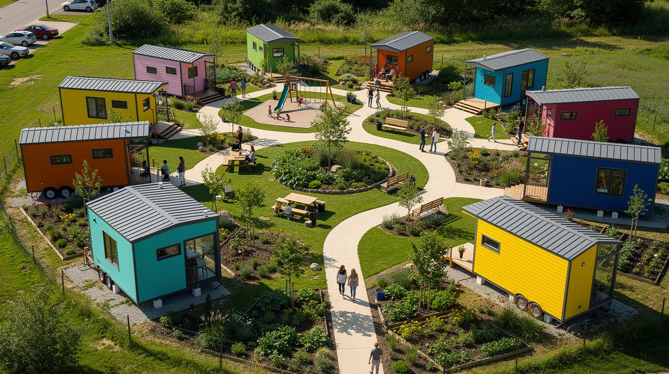 86bab7024bab4e7c88a272c0420ac77b An aerial view showcases a vibrant tiny house community featuring colorful tiny homes arranged around lush green common spaces walking paths and shared amenities like a resort style pool and community garden This tiny home village emphasizes sustainable living and social connections inviting residents to enjoy the natural beauty of their surroundings