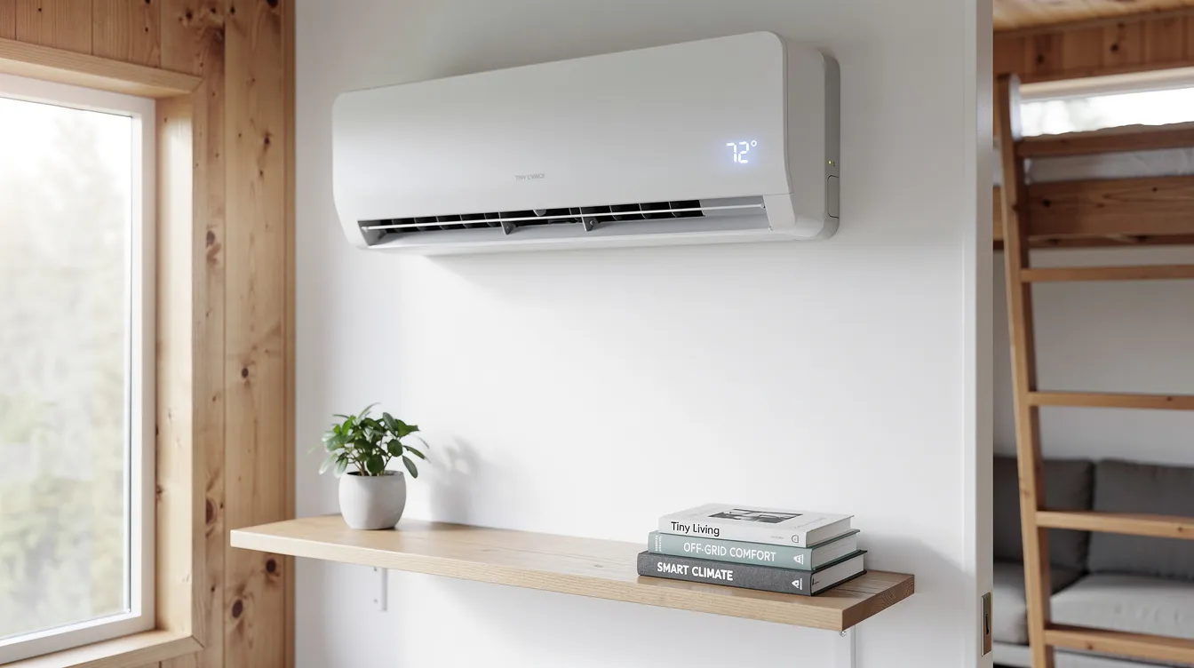 87132e14b28647748f3d57a520a3fff0 The image depicts a compact tiny home AC unit showcasing a sleek mini split system mounted on the wall designed for efficient air circulation and cooling in small spaces This energy efficient cooling option is ideal for tiny home living providing comfortable temperatures while saving on floor space