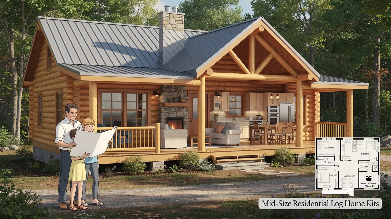 8721136f9e2e4cd8b9f1cc23949ef87e The image depicts a mid size log cabin home kit showcasing a charming design with a blend of rustic charm and modern convenience This particular model features an open living area and three bedrooms ideal for families seeking a primary residence or vacation home in North Carolina