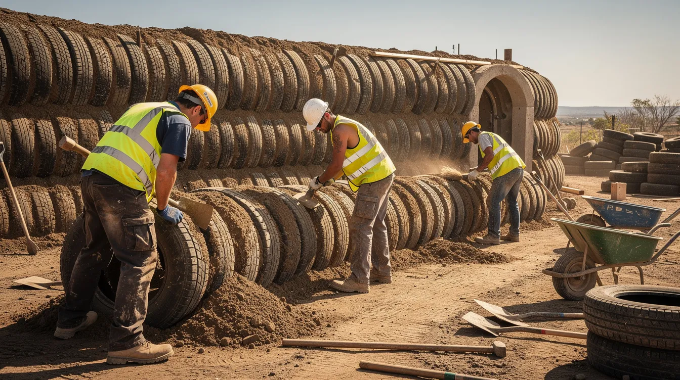 8741c73f73574016aab99a5477aaa522 Workers are seen on a construction site diligently packing compacted earth into old automobile tires that are arranged in a curved wall formation showcasing the innovative use of recycled materials in earthship construction This method reflects the earthship concept of building with natural and repurposed materials contributing to a sustainable living environment
