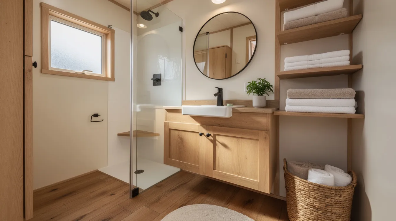 87c12c2ddeba4fb3996ee6868d6c9be2 The image showcases a cozy tiny house bathroom featuring warm wood tones a compact layout with a glass corner shower and neatly folded towels on floating shelves A small plant adds a touch of greenery enhancing the functional bathroom space that maximizes storage solutions and natural light