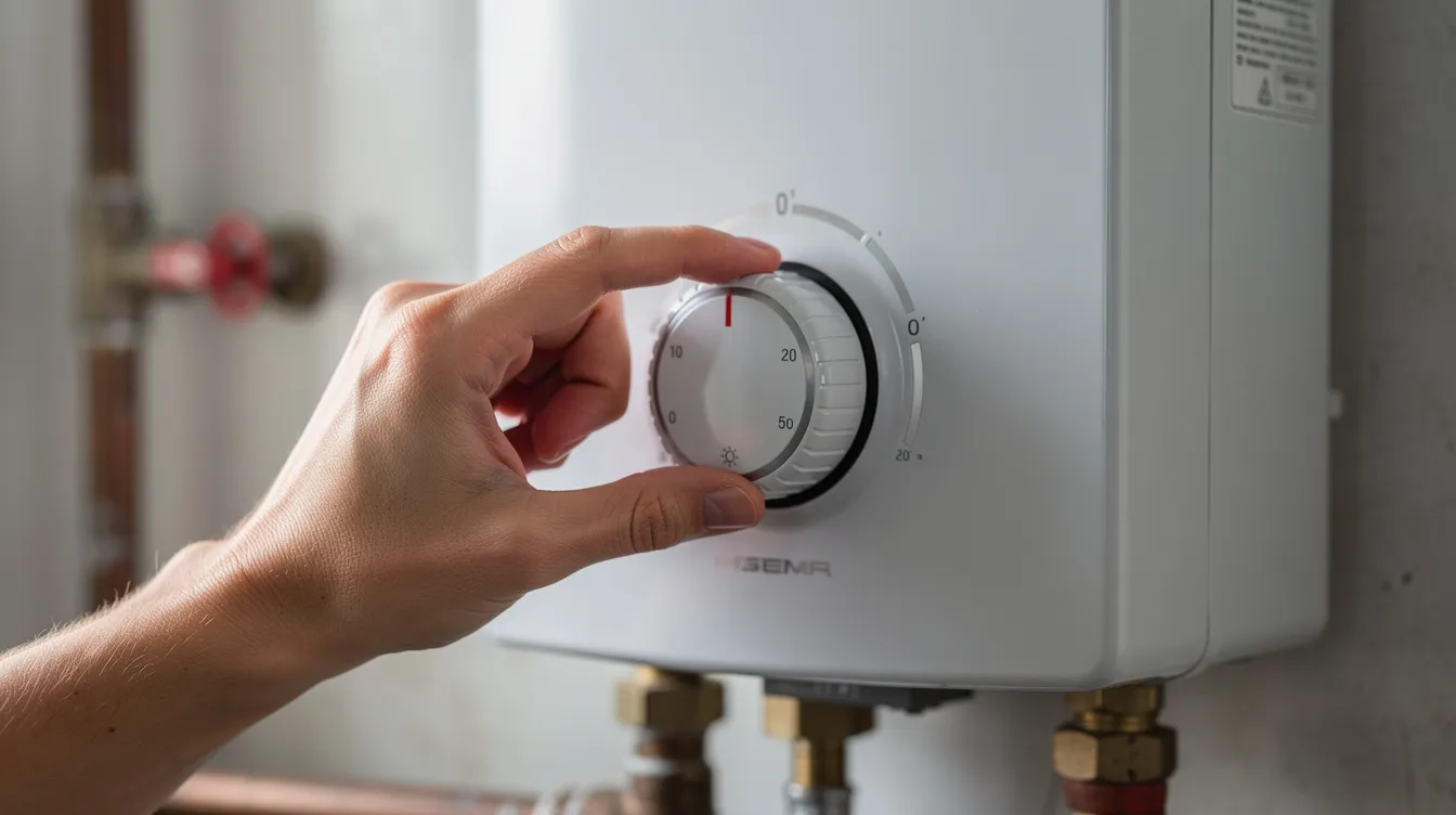880fa9a273224e5f918762386d018470 A person's hand is seen adjusting the round thermostat dial on a compact electric water heater, ideal for small homes and apartments. This device ensures precise temperature control for instant hot water, making it suitable for various hot water needs in tight spaces like bathrooms and kitchens.