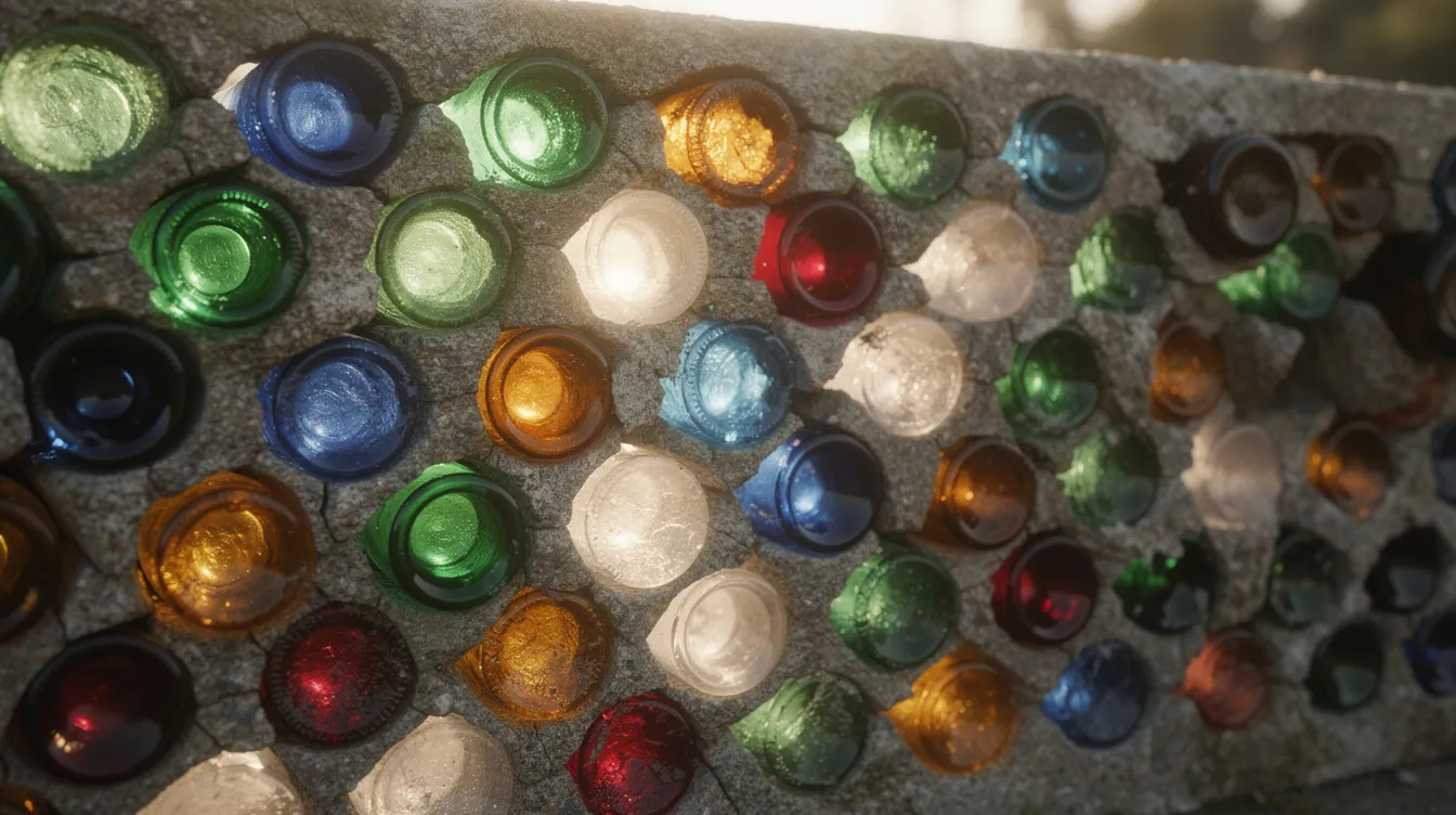 8ad664b9535646b788d2e451405d92c2 The image features colorful glass bottles embedded in a mortar wall forming a vibrant mosaic that allows light to filter through showcasing the use of recycled materials in sustainable construction This artistic design reflects principles of earthship biotecture emphasizing the integration of natural and reclaimed resources in building practices