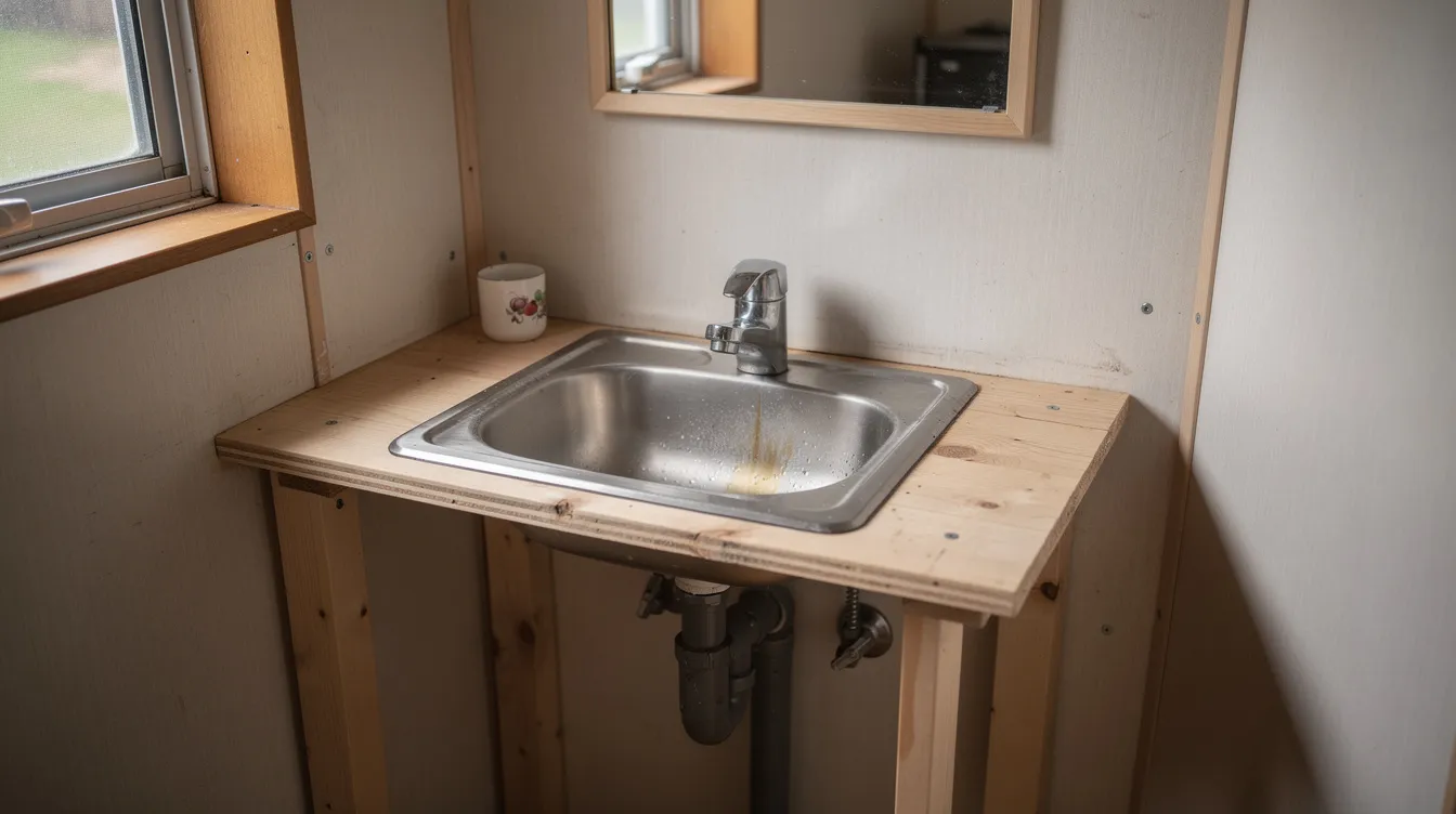 8c0399d5fafb459bb9225f9b1ab38927 The image shows a compact repurposed bar sink installed in a tiny house bathroom highlighting its small size and lightweight design compared to a traditional kitchen sink This DIY solution offers an affordable option for maximizing space though it may not provide long term durability