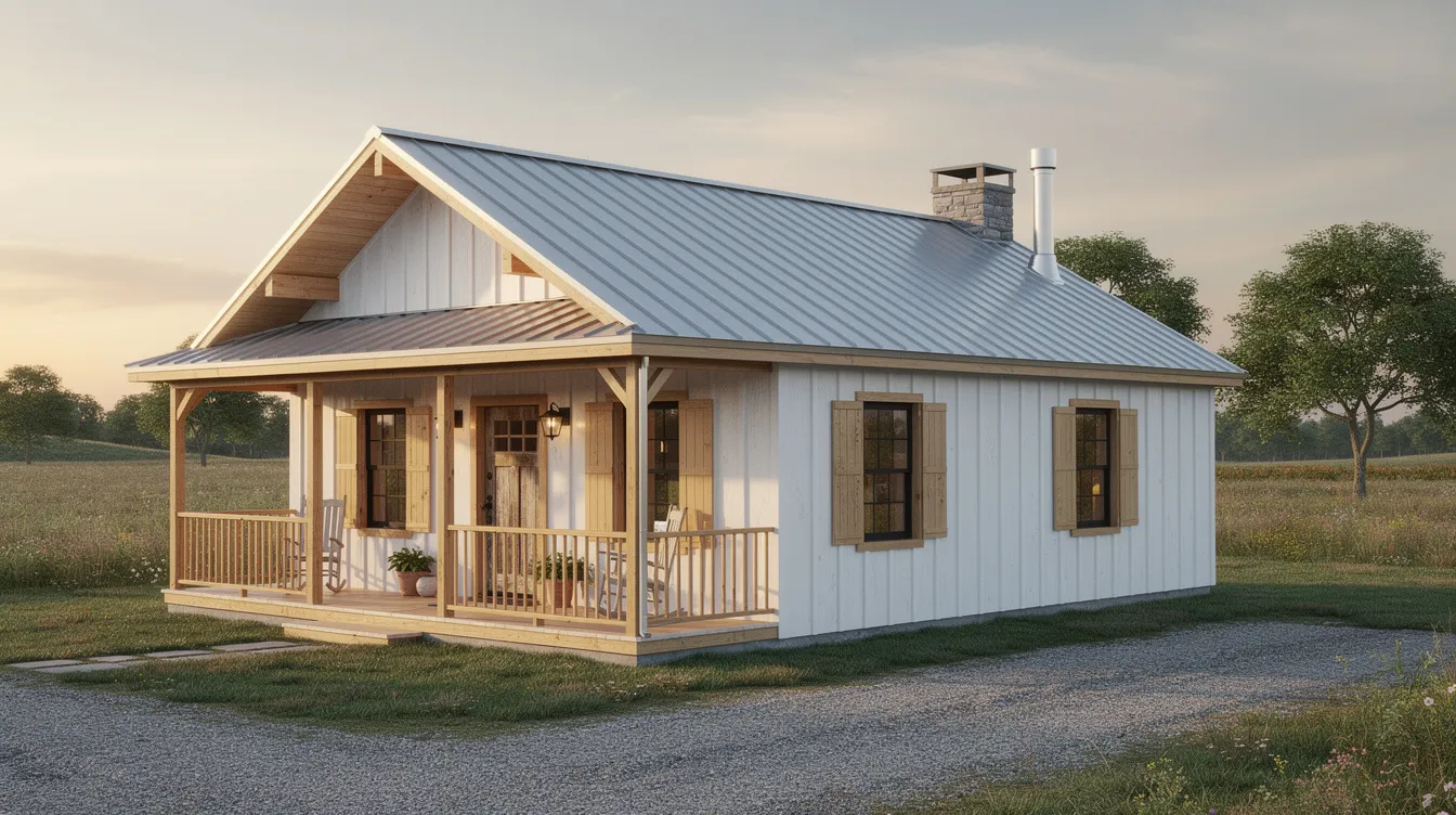 8c877e6d38b84412abbe42f6d83c149a This image depicts a charming traditional farmhouse with a simple rectangular design featuring a side gabled roof and classic wood siding The cozy front porch invites relaxation while the compact layout of approximately 600900 sq ft showcases rustic elements like a fireplace making it a perfect tiny farmhouse plan for those seeking comfort and style