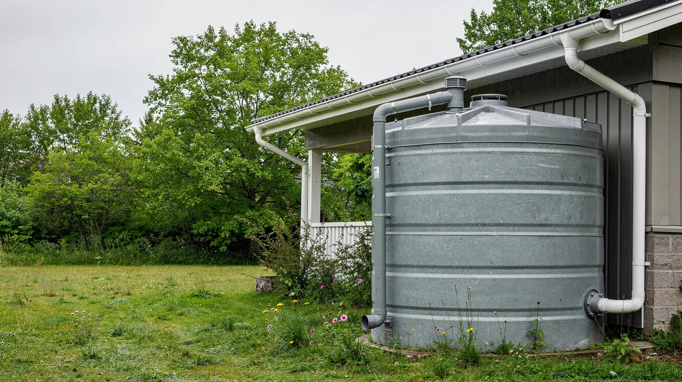 8ca5f9c8b1cf44e59f09f9463ad26669 The image depicts a large cylindrical rainwater collection cistern connected to gutters situated beside a rural home that is surrounded by lush green trees This setup exemplifies the earthship concept emphasizing sustainable living through water harvesting and the use of natural and repurposed materials