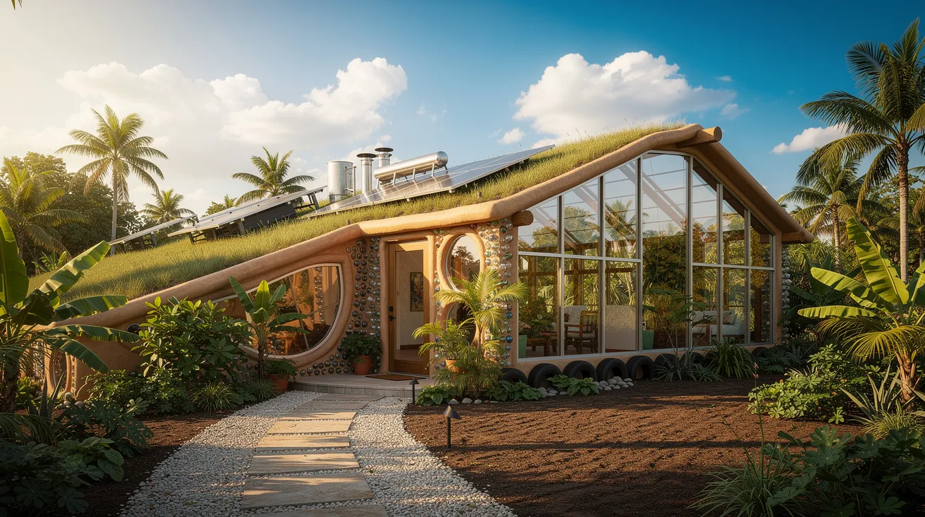 8cb3aba822a94dc5beca950904d0d721 The image depicts a Florida Earthship home an innovative structure built using recycled materials and designed for sustainability This alternative building showcases modern amenities while integrating natural elements making it a unique tiny house project in a lush garden setting