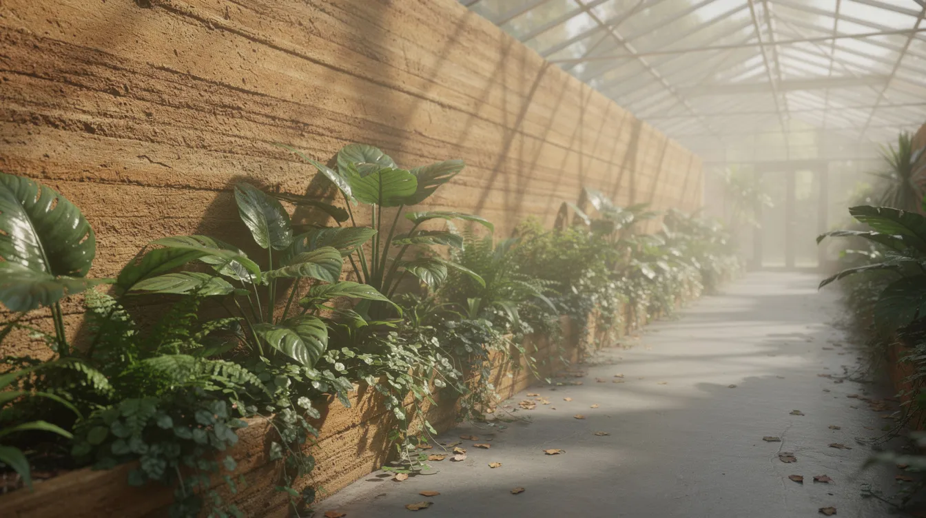 8d29c61383bc46ddace5838c05d76b22 The image shows the interior of a greenhouse corridor in Washington state featuring lush plants thriving alongside a sturdy rammed earth wall reflecting sustainable living practices inspired by Michael Reynolds' earthship design. This vibrant space embodies the mission of creating a sustainable home for the greater world community.