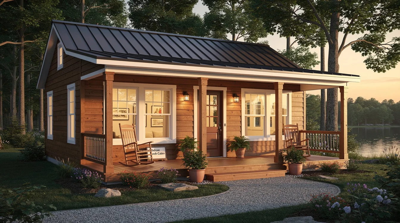 8d38210f7c0a4575ba7fed33d009f7b3 The image features a deluxe porch cabin showcasing its premium porch and six insulated windows designed for comfort and outdoor living This log cabin built by SunSipper Tiny Living Storage in Missouri offers a luxurious retreat with upgraded siding and custom finishes perfect for family vacations or full time living