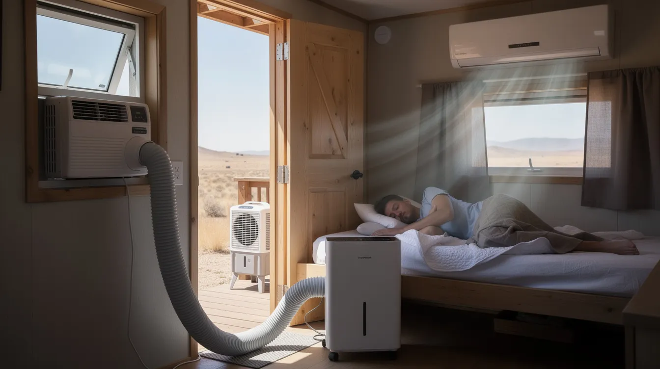 8d5ec62af1bc4a218b9766880df53211 The image depicts various air conditioning options suitable for tiny homes including window AC units and portable cooling systems It highlights the trade offs between these cooling options emphasizing the compact nature of tiny house living and the need for energy efficient solutions that do not compromise on air circulation and comfort