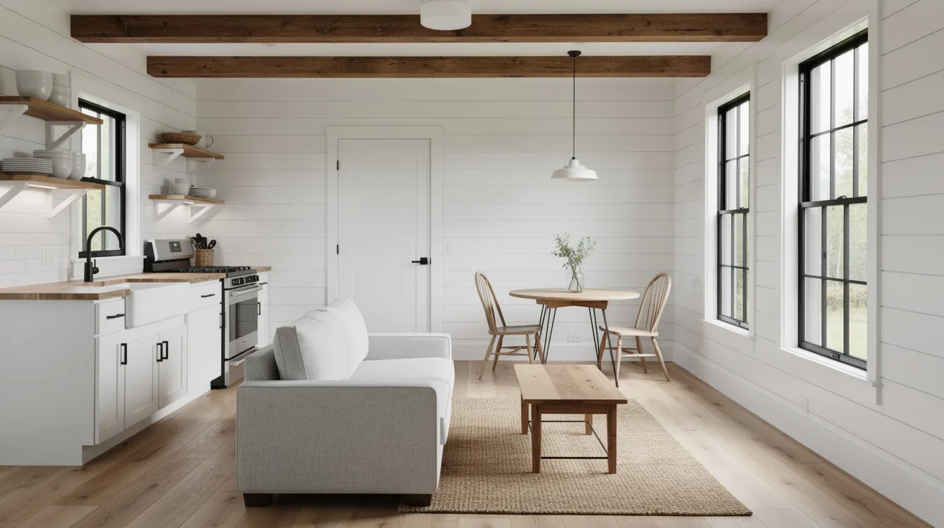 8d9ce0968ae9487f9e51a3a86a1c808a The image depicts a cozy tiny farmhouse interior featuring an open floor plan that seamlessly combines the kitchen living and dining areas allowing ample natural light to fill the space through large windows This design maximizes the functionality of the small living space while providing a welcoming atmosphere for entertaining guests or enjoying family life