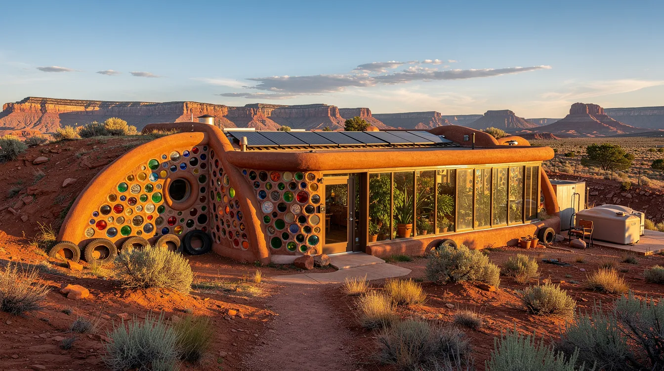 8de92d833ff14400b262459b9a41be5d The image showcases an Earthship community in Utah featuring innovative earthship biotecture designed by Michael Reynolds These self sufficient homes constructed from recycled and upcycled materials include double greenhouses and utilize natural heating and cooling principles all set against a desert backdrop