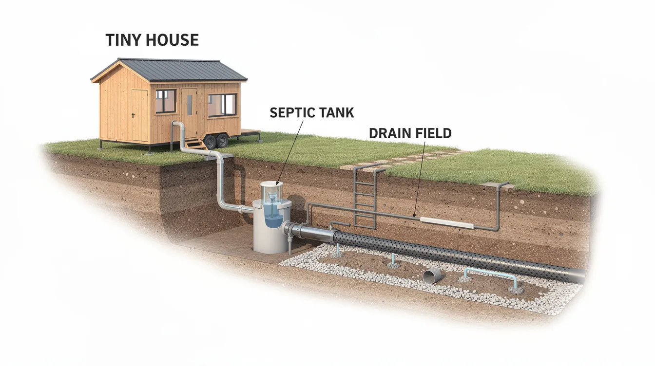 8e30a9cec17e48bba1c9ecc206f6138c The image depicts a compact septic system designed for tiny houses showcasing septic tanks and a drain field setup in a small outdoor space This system is ideal for off grid living incorporating features like a pressure tank and options for composting toilets ensuring efficient waste management and water supply for tiny home owners