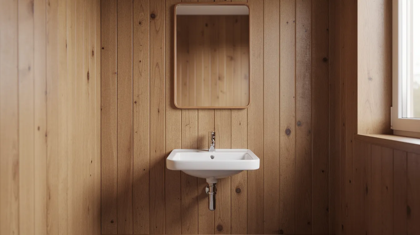 8eacbad646254fefb7faba08ebeda0d7 A compact wall mounted white sink is installed in a tiny bathroom with wooden walls featuring a small mirror above it This efficient design maximizes space while maintaining a clean and modern aesthetic
