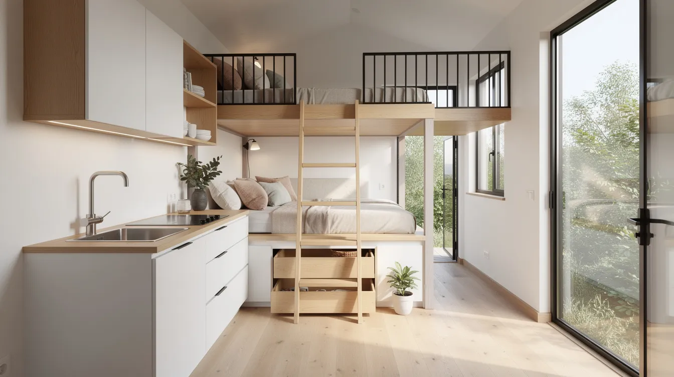 8ee819a21a334810af7d0225da62f258 The image depicts the interior of a compact modern tiny home featuring a well equipped kitchen a cozy sleeping loft and large windows that allow natural light to flood the space This tiny house exemplifies the principles of the tiny home movement focusing on efficient use of square footage while adhering to California building code requirements for accessory dwelling units
