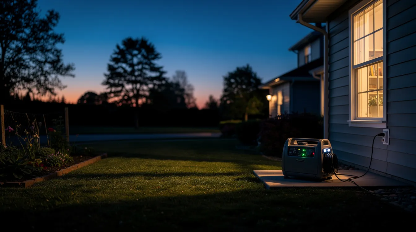 8fdf93ac32534013bc63436d8661fc5d A quiet generator is running outside a home at dusk with warm light glowing through the windows suggesting a cozy atmosphere This portable generator likely a closed frame inverter generator provides power efficiently during a potential power outage ensuring safety and comfort for the household