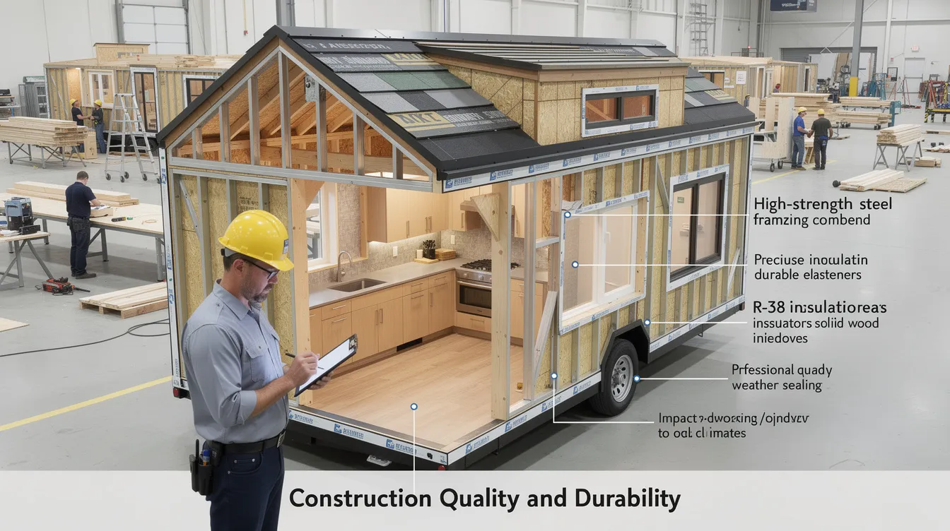 904c7575db144685afc709e4e356def4 The image showcases a tiny home under construction highlighting its durable materials such as high strength steel frames and insulated sandwich panels The focus is on the quality craftsmanship and attention to detail ensuring longevity and energy efficiency for a perfect tiny home experience