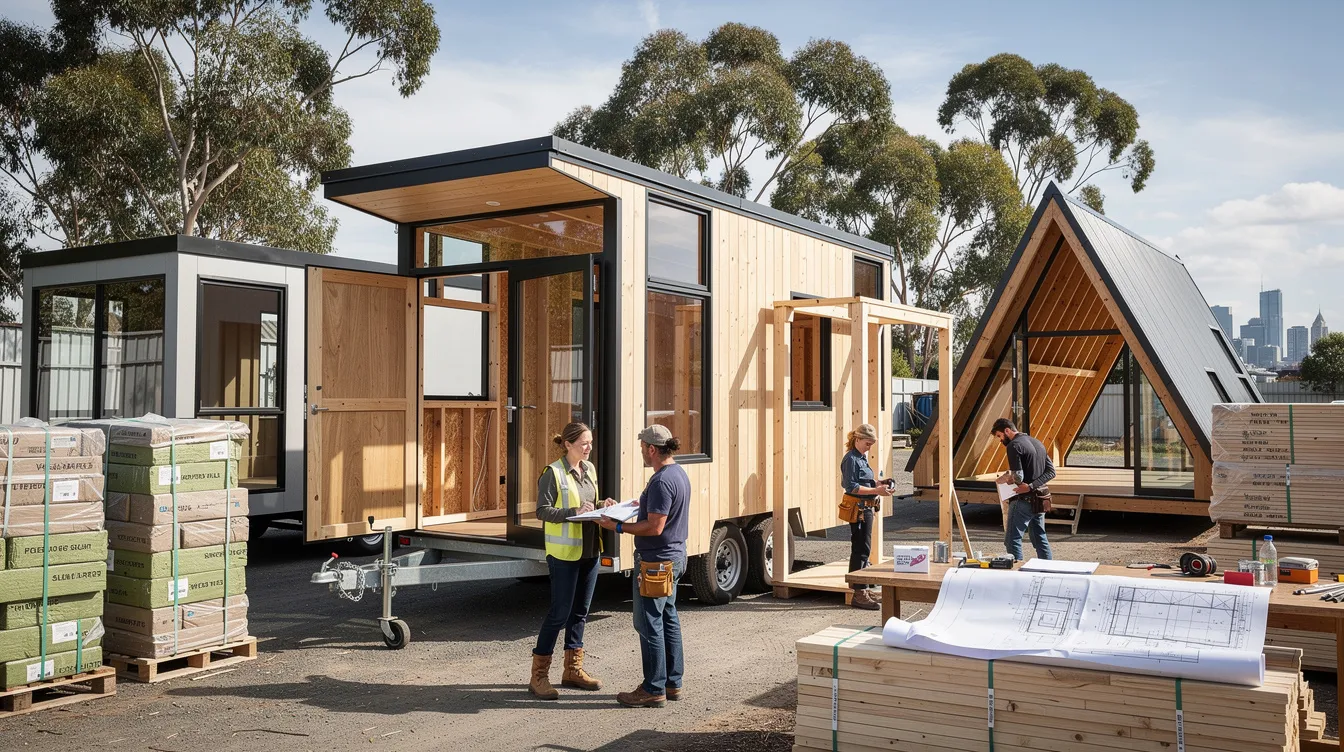 9111552b1b6e45da86b1052dc29ac5c3 The image showcases a selection of tiny house shells and DIY kits designed for builders in Melbourne featuring various shell designs like Park Models and A Frames These structures provide a phenomenal starting point for those looking to create their own tiny home complete with materials packages and support from a dedicated team