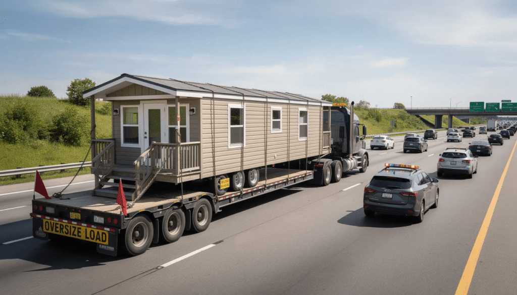 917a5dcc5b2f4b139fc3d6e1720b43701 Modular home on a flatbed truck traveling on a multi lane highway with cars nearby and an'OVERSIZE LOAD' sign visible at the rear.